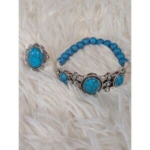 JESSICA SIMPSON Turquoise Bracelet Ring Set Silver Tone Boho Western COQUETTE